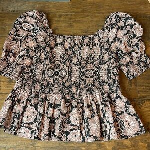 BB Dakota Steve Madden Top Large Puff Sleeve Shirred Paisley Floral Black Beach